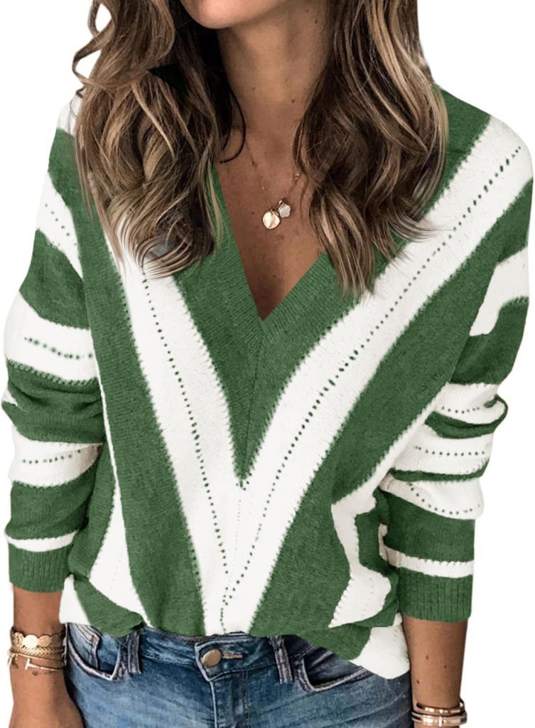 👑 Fisoew Damen Pullover Oversized V-Ausschnitt Strickpullover mit V-Form Gestreift Langarm Durchbrochen Pulli Sweater