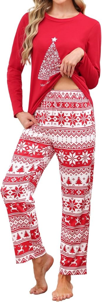 Reliwel Weihnachts Pyjama Damen Baumwolle Schlafanzug Lang Winter Zweiteiliger Nachtw&auml;sche Sleepwear Lang Tops+Hosen mit Taschen-Merry Christmas Weihnachten Rot, L