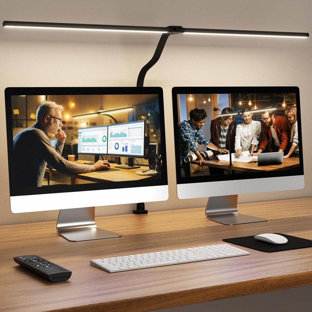 Doppelkopf Schreibtischlampe LED Dimmbar, 24W 80CM Klemmbar Tageslichtlampe Schreibtisch Lampe, Schwanenhals Büro Tischlampe Augenschutz Arbeitsplatzleuchte Monitor Lampe, schwarz