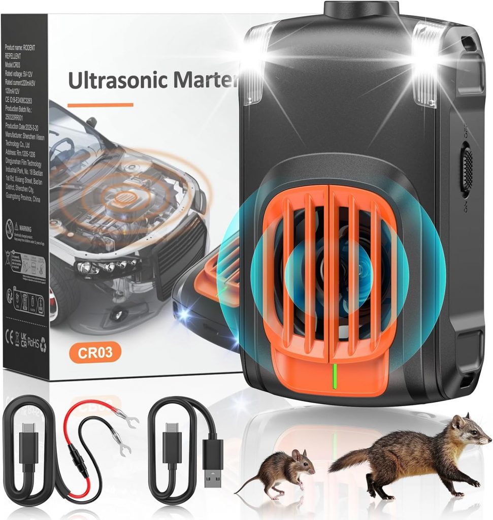 SOKTNEU Marderschreck Auto, Ultraschall Mausabwehr, 12V Auto-Batterie Wiederaufladbare Marderabwehr, Mäuseabschreckung mit Zwei Arten des Aufladens, Langfristiger Marderschutz im Motorraum