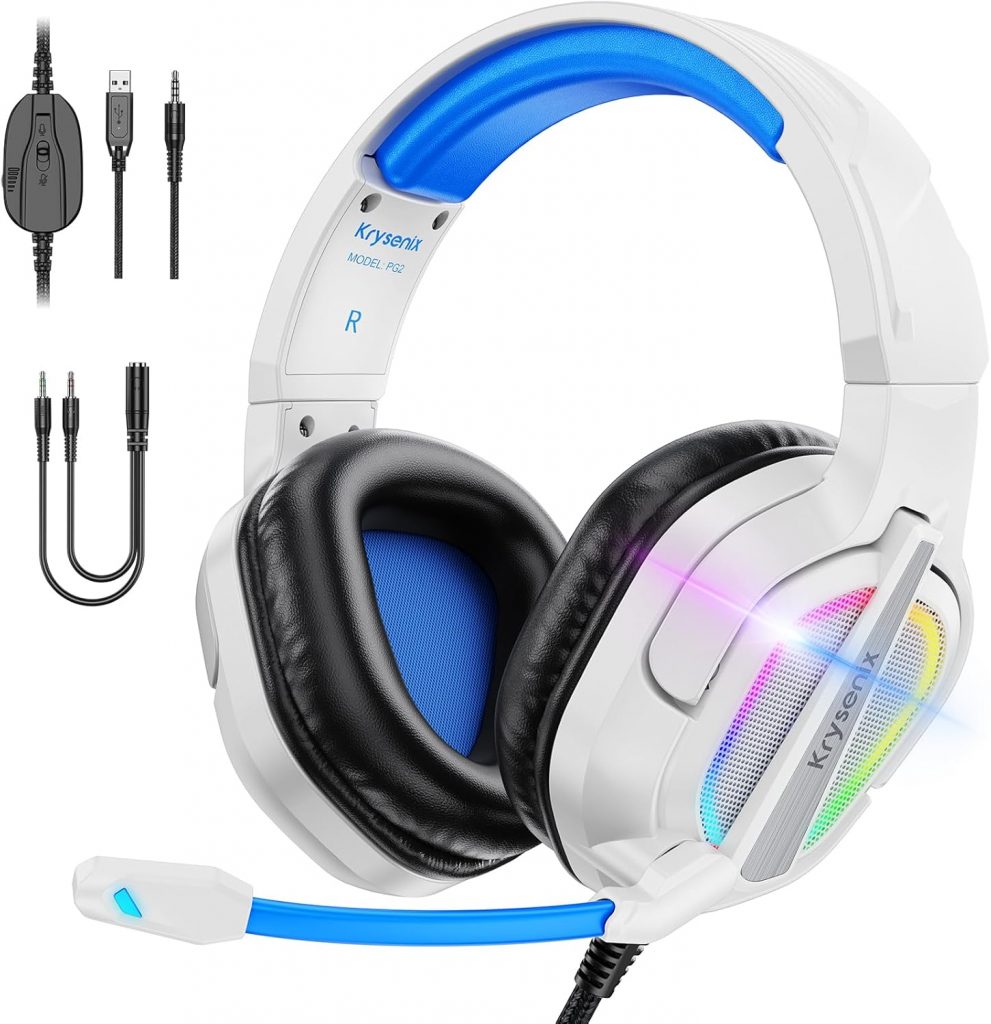 Krysenix PG2 RGB Gaming Headset für PS4, PS5, PC, Xbox, Switch, Gaming Headset mit Mikrofon,Noise Cancelling Kopfhörer mit Mikrofon, 3.5mm Klinke,Azurblau/Weiß