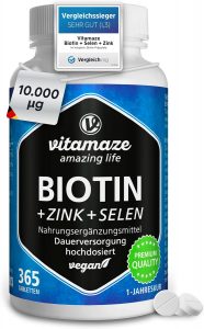 👑 Biotin hochdosiert 10.000 mcg + Selen + Zink für Haarwuchs, Haut & Nägel, 365 vegane Tabletten für 1 Jahr, Nahrungsergänzung ohne Zusatzstoffe, Made in Germany18,78€ statt 25,97€ - 28,00 % 🔥🚚 Verkauft von Vitamaze und Versand durch Amazon26,451 Bewertungen: 4.4 / 5.0 ⭐️⭐️⭐️⭐️🛒 zu Amazon https://www.amazon.de/dp/B01FFTEB7S/?th=1&amp%3Bpsc=1&amp%3Btag=preisfehlerheute-21&tag=preisfehlerheute-21