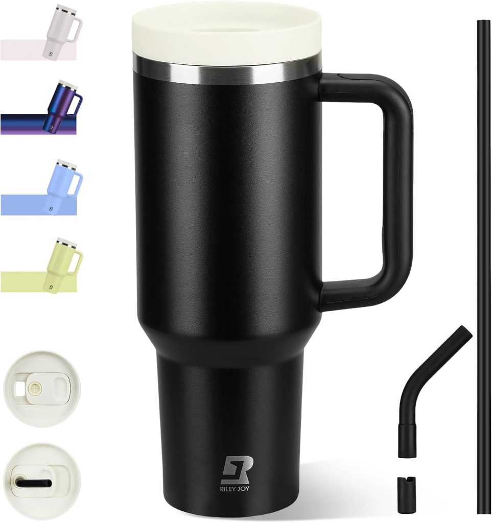 👑 Thermobecher mit Strohhalm und Griff 1.2L,12h hei&szlig;/24h Eis Trinkflasche,Vakuum-Isoliert mit Deckel,BPA-frei, Doppelschicht-Edelstahl Vakuum auslaufsicherer Trinkbecher