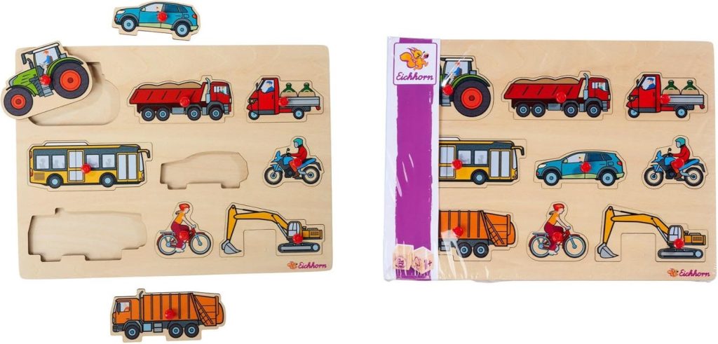 Eichhorn &ndash; Fahrzeug Puzzle mit 10 Teilen, 9 Motive aus der Welt der Fahrzeuge, griffige Pins f&uuml;r sicheres greifen, 30&times;22 cm gro&szlig;, aus 10 FSC zertifiziertes Lindensperrholz, ab 1 Jahr
