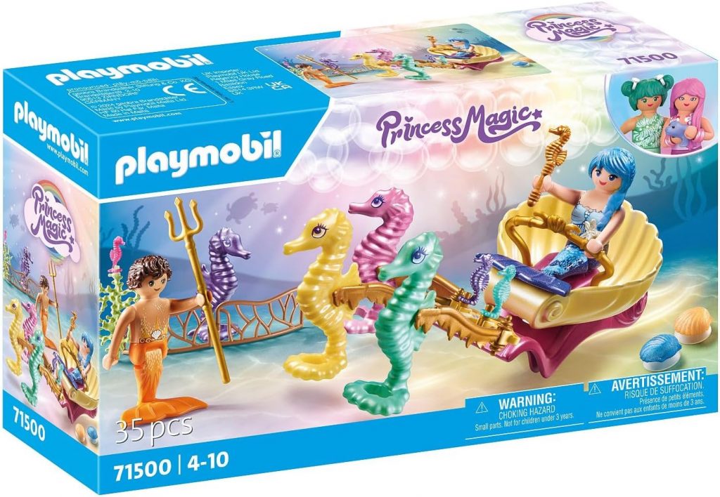 🤴 PLAYMOBIL Princess Magic 71500 Meeresbewohner mit Seepferdchenkutsche, inklusive Sieben Seepferdchen und Dekomuscheln zum Befestigen, detailreiches Spielzeug für Kinder ab 4 Jahren