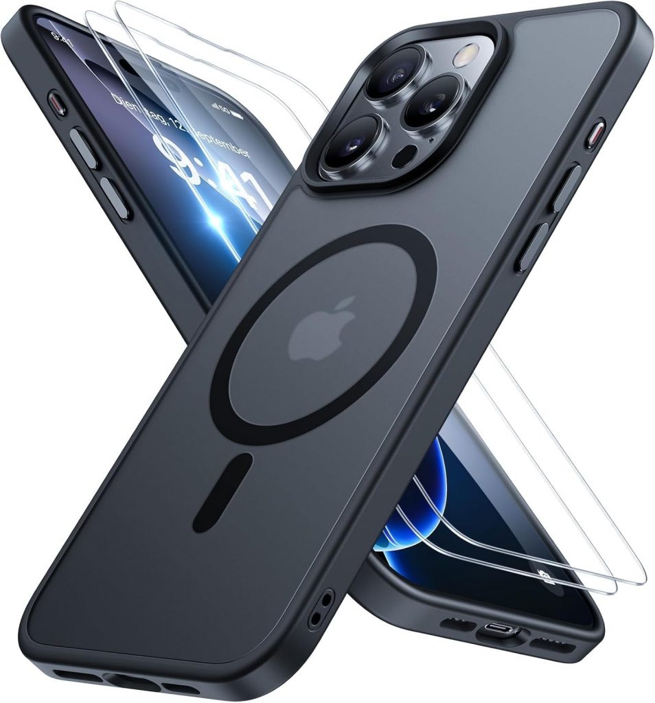 👑 Miracase Magnetisch f&uuml;r iPhone 16 Pro Max H&uuml;lle f&uuml;r Magsafe[mit 2 Schutzglas] Milit&auml;rschutz Sto&szlig;fest Kratzfest Anti-Fingerabdruck Samtige Haptik D&uuml;nn Handyh&uuml;lle f&uuml;r iPhone 16 Pro Max 6,9 Zoll, Schwarz