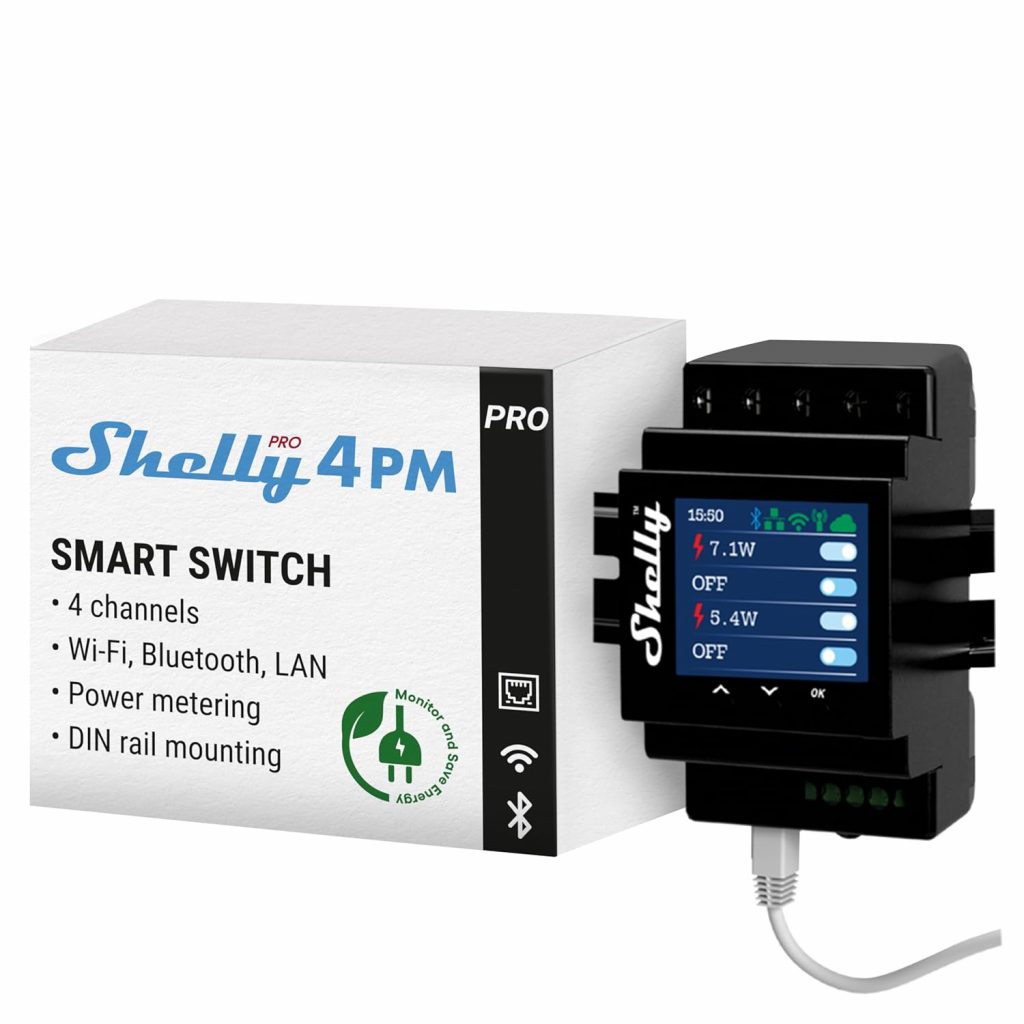 Shelly Pro 4PM WLAN & LAN 4-Kanal-Relais Schalter mit Leistingsmessung – 40A DIN-Schiene Alexa & Google Home iOS…