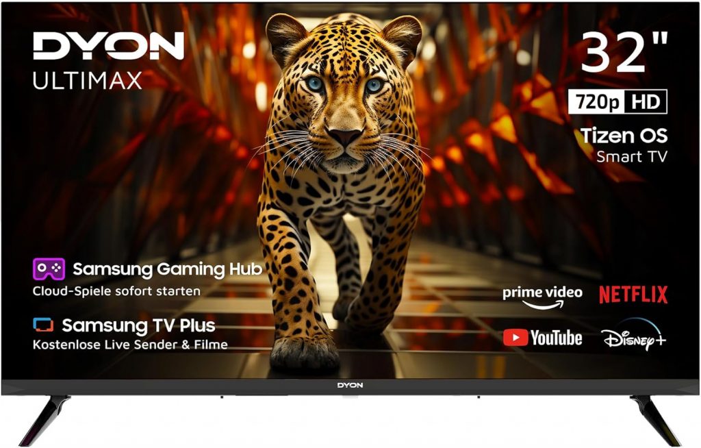 DYON ULTIMAX 32H-TI-W – 32 Zoll (80 cm) HD Smart TV mit Samsung Tizen OS, Triple Tuner (DVB-C/-S2/-T2), Samsung Smart Hub, Prime Video, Netflix, Disney+ [2025]110,49€ statt 132,99€➡️ https://www.amazon.de/dp/B0F6YWL26Z/?tag=preisfehlerheute-21