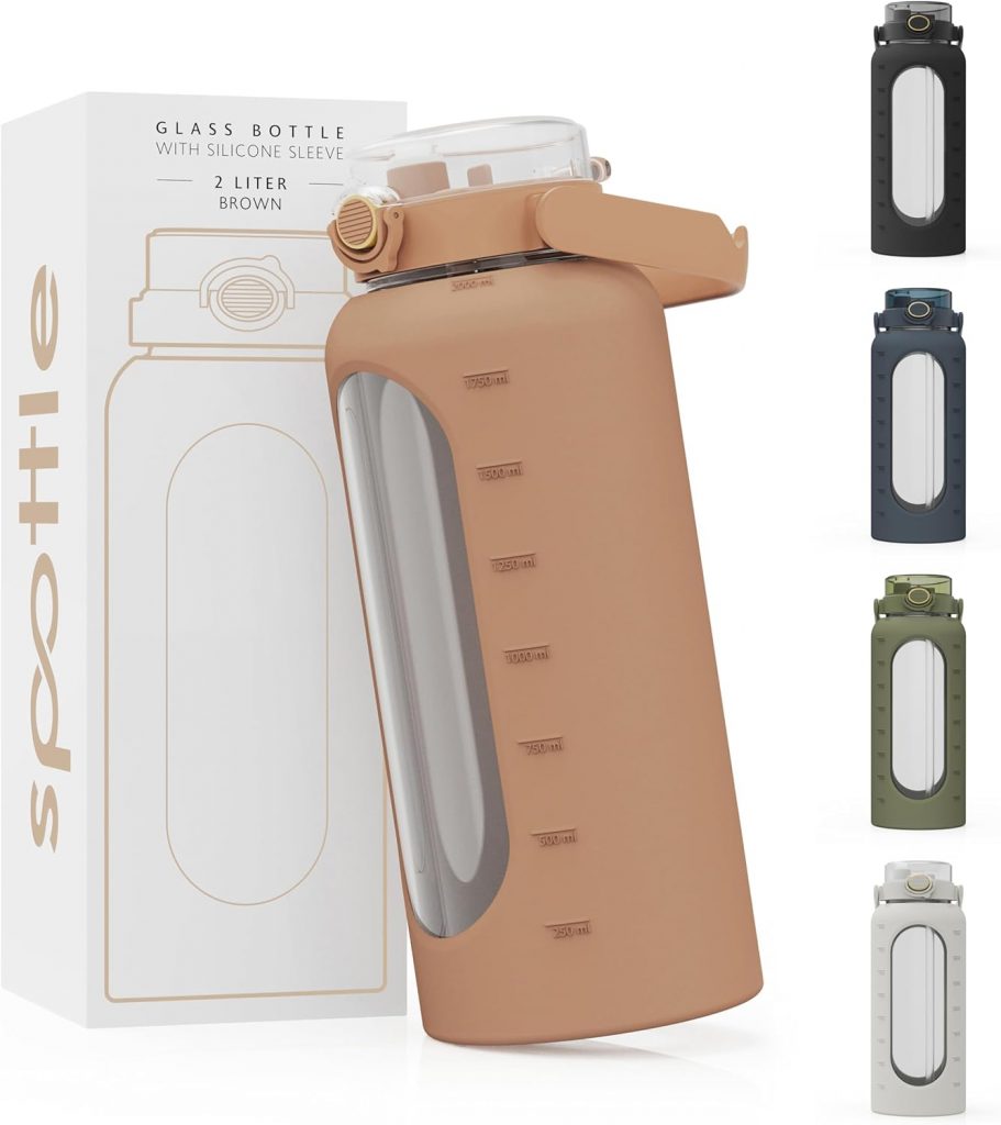 spottle Glasflasche 2 Liter – Trinkflasche 2L Glas mit Strohhalm – Große Wasserflasche mit Schutzhülle aus Silikonhülle – auslaufsicher – spülmaschinenfest – BPA-frei