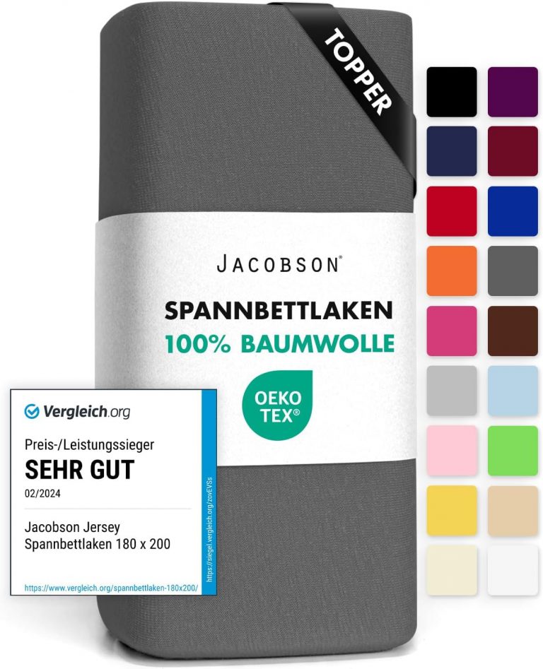 Jacobson Jersey Spannbettlaken Spannbetttuch Baumwolle Bettlaken (Topper 180-200x200 cm, Anthrazit)11,99€ statt 16,99€➡️ https://www.amazon.de/dp/B06WP4BPC2/?tag=preisfehlerheute-21