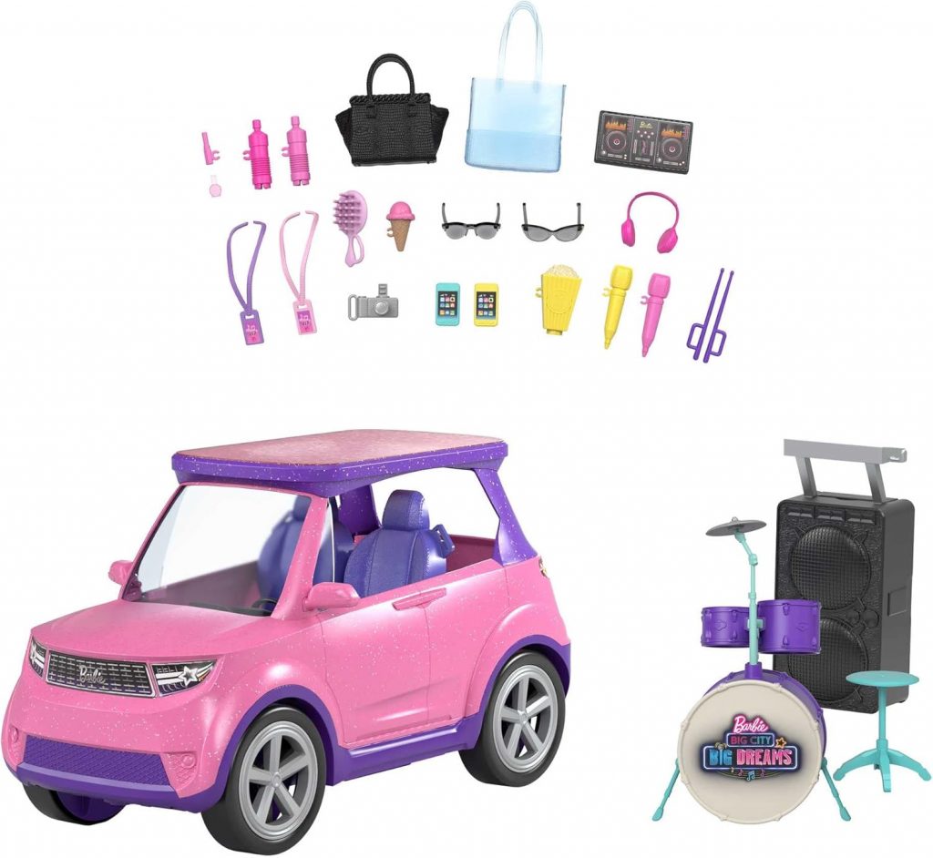 Barbie Big City Big Dreams, Auto Cabrio, 2:1 verwandelt Sich in Bühne, inkl Zubehör für Konzerte wie Schlagzeug, Spielzeug für ab 3 Jahren, GYJ2528,50€ statt 72,99€➡️ https://www.amazon.de/dp/B08V1PRVZF/?tag=preisfehlerheute-21