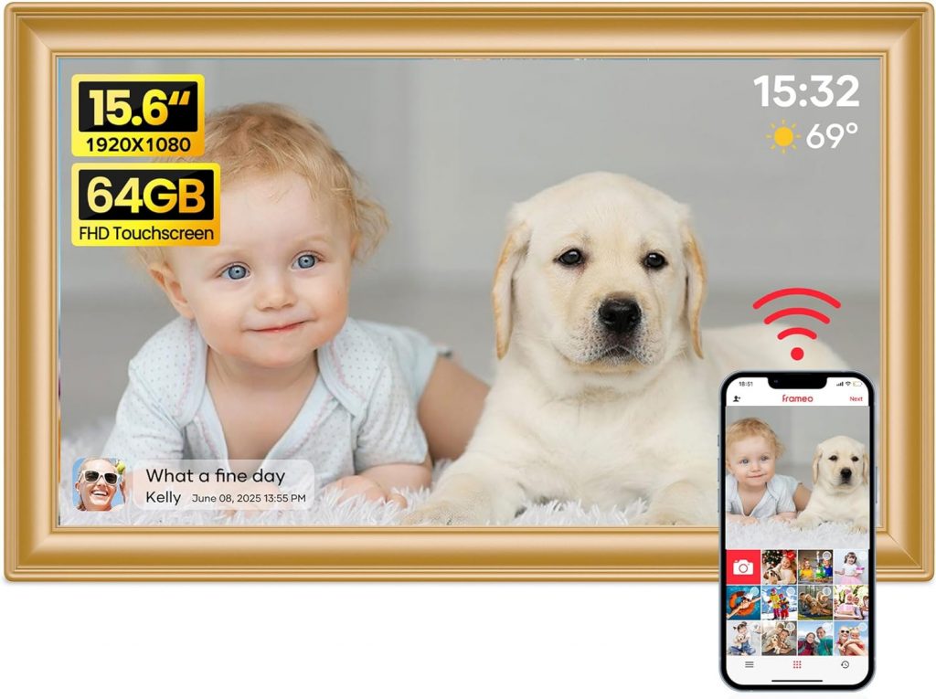 Frameo 64GB 15.6 Zoll WLAN Digitaler Bilderrahmen Golden, FHD 1920 * 1080P IPS Touchscreen Elektronischer FotoRahmen, Auto Drehung, Einfache Weitergabe von Fotos Videos über Frameo App119,98€ statt 169,98€➡️ https://www.amazon.de/dp/B0FCLKHYZM/?tag=preisfehlerheute-21