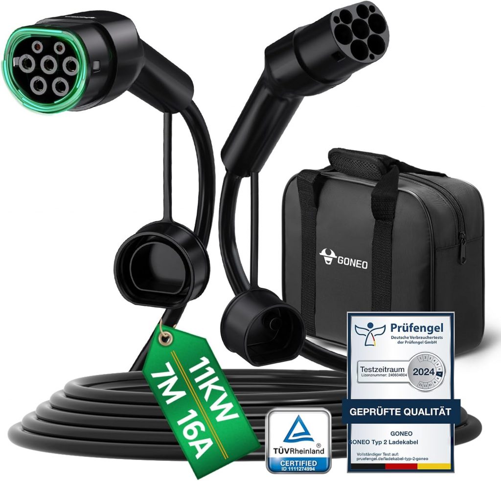 GONEO Typ 2 Ladekabel 11kW 7M 16A Ladekabel Elektroauto Typ 2 3 Phasig für E Auto EV/PHEV Typ 2 auf Typ 2 Mode 3 Ladekabel mit Tasche Geeignet für S/3/X/Y e-Golf ID.3 i3/i