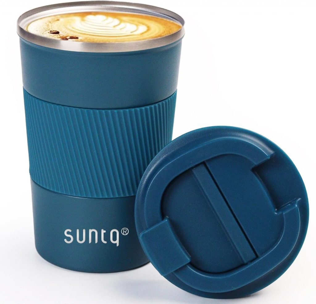 SUNTQ Kaffeebecher to go Thermo aus Edelstahl – Thermobecher mit Gummierte Manschette Doppelwand Isoliert…