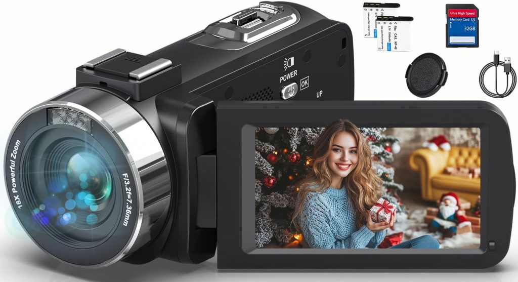 Videokamera Camcorder 4K HD 80MP 30FPS mit IR Nachtsicht, 18X Digitalzoom Webcam Videokameras, 3,0-Zoll 270° Drehung Ausgestattet IPS Screen Vlogging Camera für YouTube mit 2 Akkus, 32GB-SD-Karte