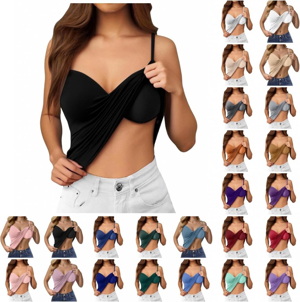 Generisch Unterhemd Damen Tank Top,V Ausschnitt Spaghetti Tops mit Integriertem BH,Basic Cami BH-Hemd Slim Fit &Auml;rmellose Oberteil,Bequeme Unterhemden Elegante Einfarbige Tanktops Frauen