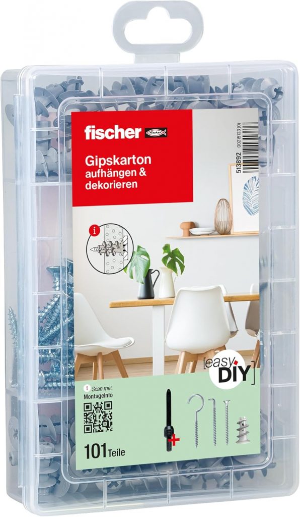 fischer easyDIY Box Gipskarton, aufh&auml;ngen und dekorieren, 110-teiliges D&uuml;bel- und Schraubenset, f&uuml;r Heimwerker, Gipskartond&uuml;bel, Winkel- und Rundhaken, inklusive Setzwerkzeug