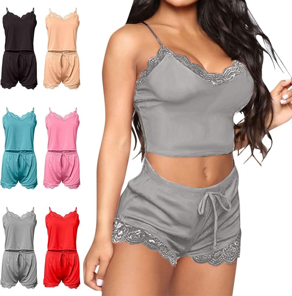 Damen Schlafanzug Sexy Satin Nachtw&auml;sche V-Ausschnitt 2-Teiler Schlafanzug mit Spaghettitr&auml;ger Satin Spitzen Camis Top Shorts Negligee Pyjama Set,Loungewear f&uuml;r Frauen