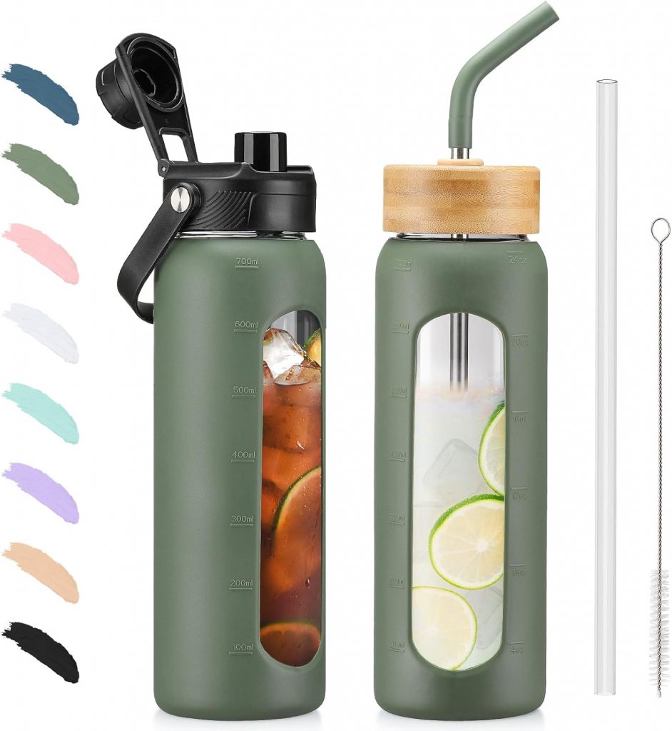 🤴 BLUEGO Trinkflasche Glas 700ml Sport Wasserflasche mit 2 Deckeln und Strohhalm Auslaufsichere Glasflasche mit Zeitmarkierung und Messskala BPA frei, Oliver
