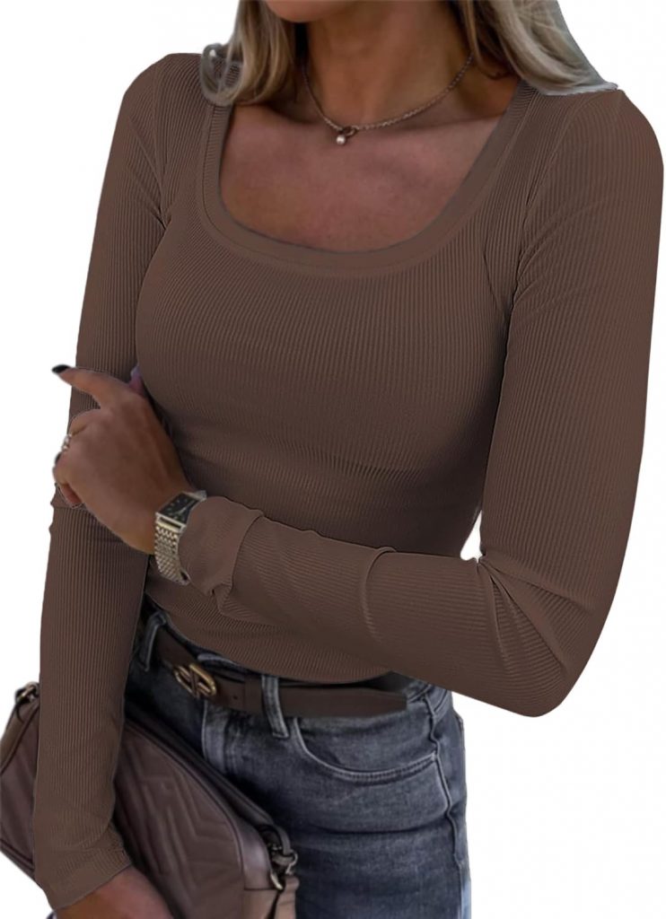 🤴 Damen Langarmshirt U-Ausschnitt Slim Fit Rippstrick Oberteil &ndash; Langarm Tee Shirt