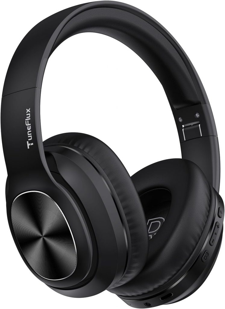 TuneFlux Bluetooth Kopfhörer Over Ear, 80 Std Akkulaufzeit, Kabellos Bluetooth Kopfhörer mit 3 EQ-Modi, HiFi-Stereo, Eingebautes Mikrofon, Faltbares Wireless Kopfhörer-Schwarz