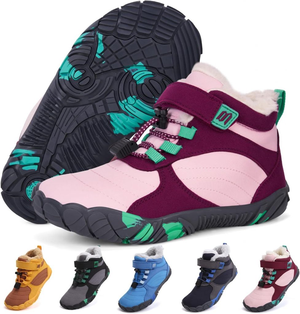 BibYuga Barfußschuhe Winter Kinder Winterschuhe Mädchen Jungen, Barfussschuhe Kinder Winter mit Warm Gefüttert, Wasserabweisend Winterstiefel Outdoor Rutschfest Traillaufschuhe