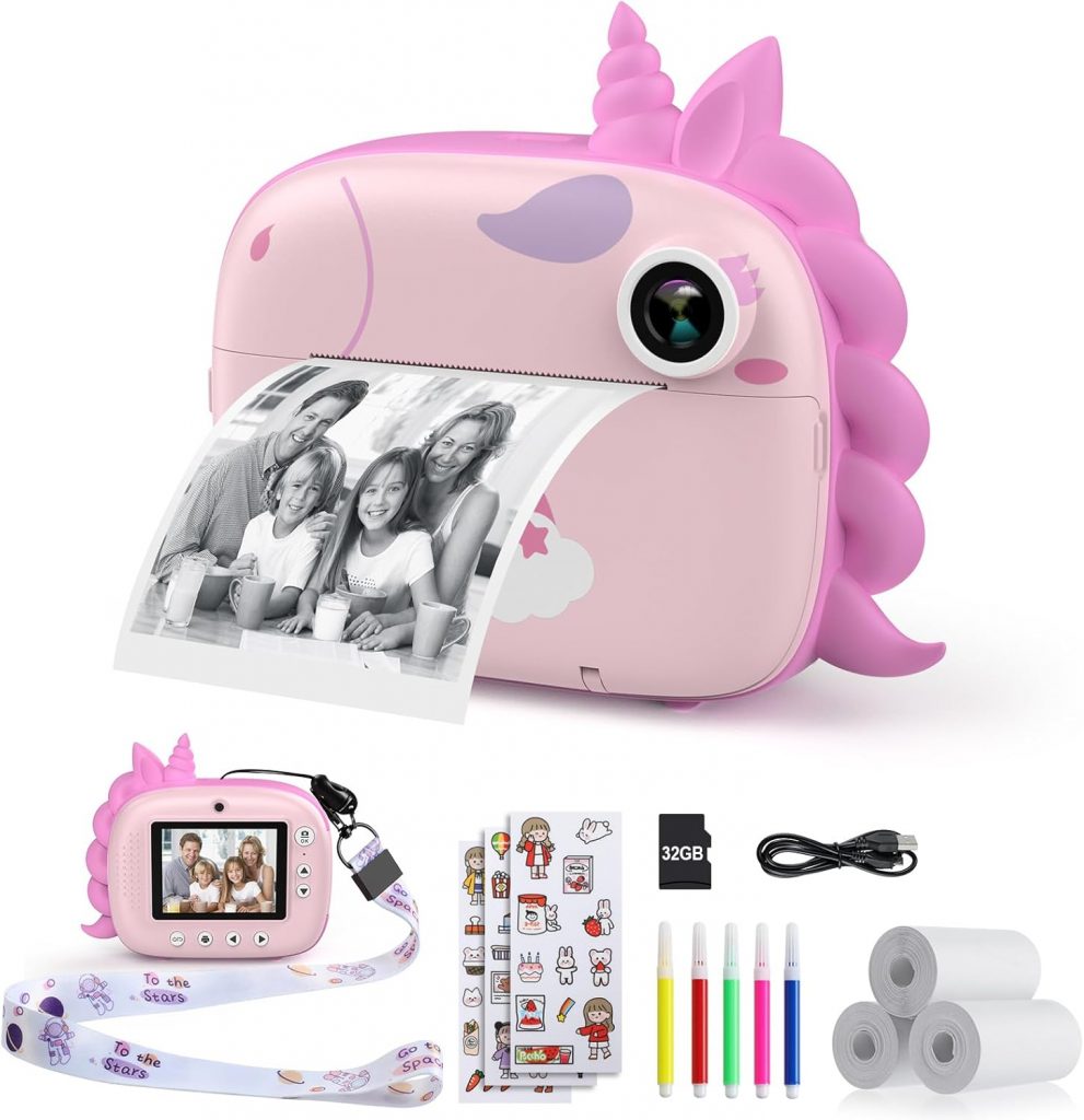 👑 Kinderkamera Sofortbildkamera, Digitalkamera für Kinder mit Druckpapier & 32G TF Karte, VideoKamera mit farbigen Stiften & Lustige Accessoires, Geschenk für Kinder 3-14 Jahren (Rosa)
