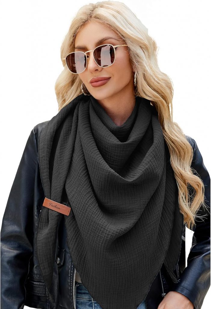 UMIPUBO Schal Damen Baumwolle Musselin Halstuch Dreiecksschal Dreieckstuch Herbst Unifarben Schal Halten Sie Warm Musselintuch Bequem Gro&szlig; Elegant Leicht Scarf Damen Stola 190x80cm, Schwarz