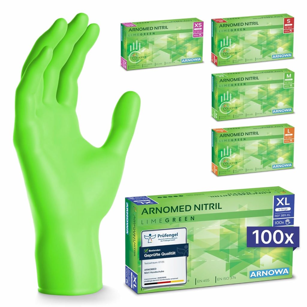 👑 ARNOMED Einweghandschuhe Grün 100 Stück/Box, Nitrilhandschuhe XL, Einmalhandschuhe, Handschuhe Einweg puderfrei, latexfreie Gummihandschuhe, Einweghandschuhe in XS, S, M, L & XL verfügbar