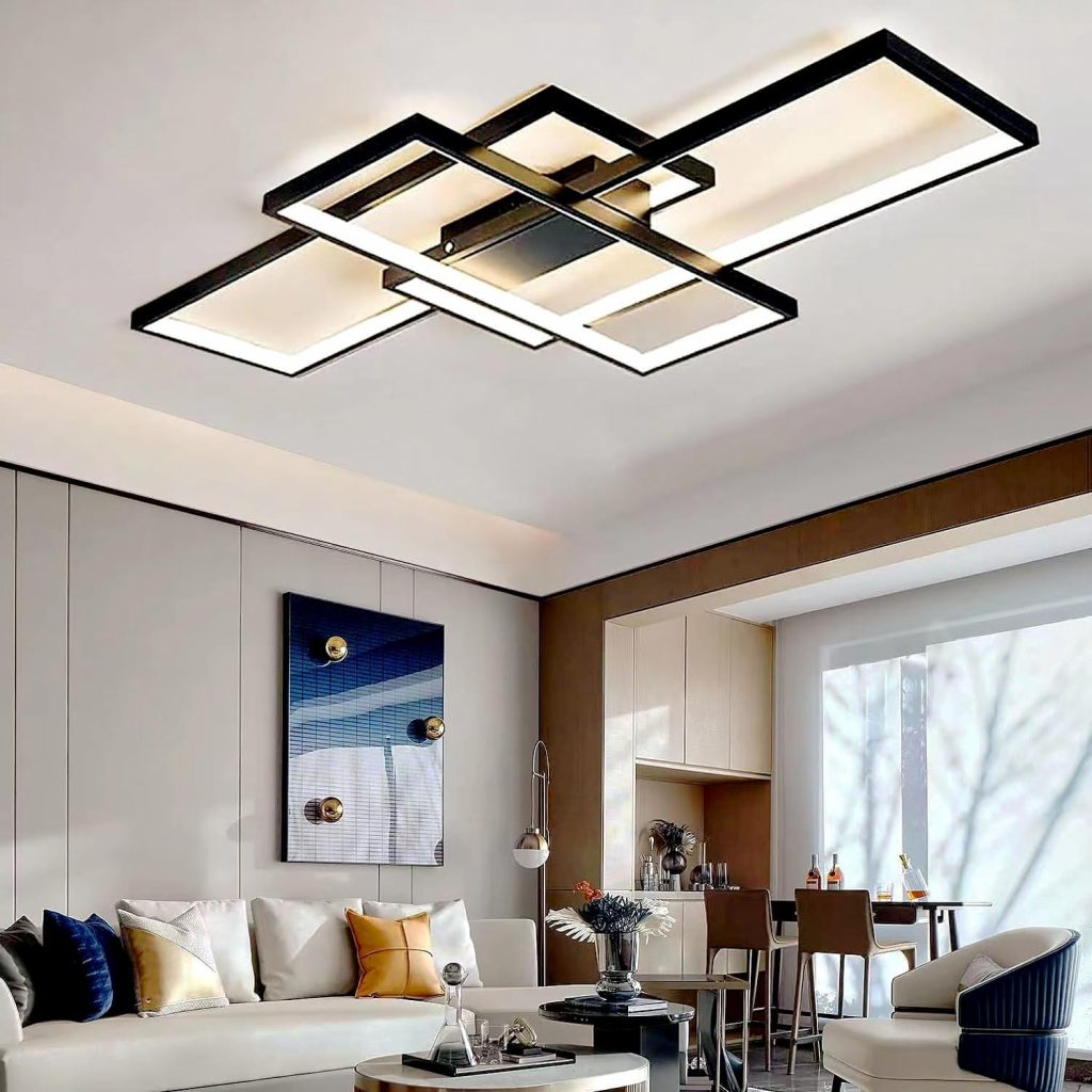 🤴 ASJK Deckenlampe Wohnzimmer 60W Modern LED Deckenleuchte Eckig, 3000k-6000k Geometrisch Multifunktional Deckenbeleuchtung mit Fernbedienung für Wohnzimmer. （80cm，Schwarz）