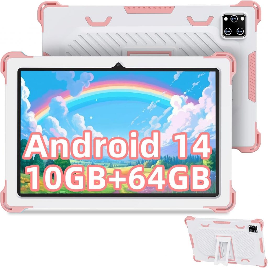 2024 Kinder Tablet 10 Zoll, Kids Tablet Android 14 Octa-Core,10GB RAM + 64GB ROM(TF 1TB), Elterliche Kontrolle, Kinder Bildungs IWawa APP, mit Anti-Fall Schutzhülle, Geschenk für Kinder,Rosa