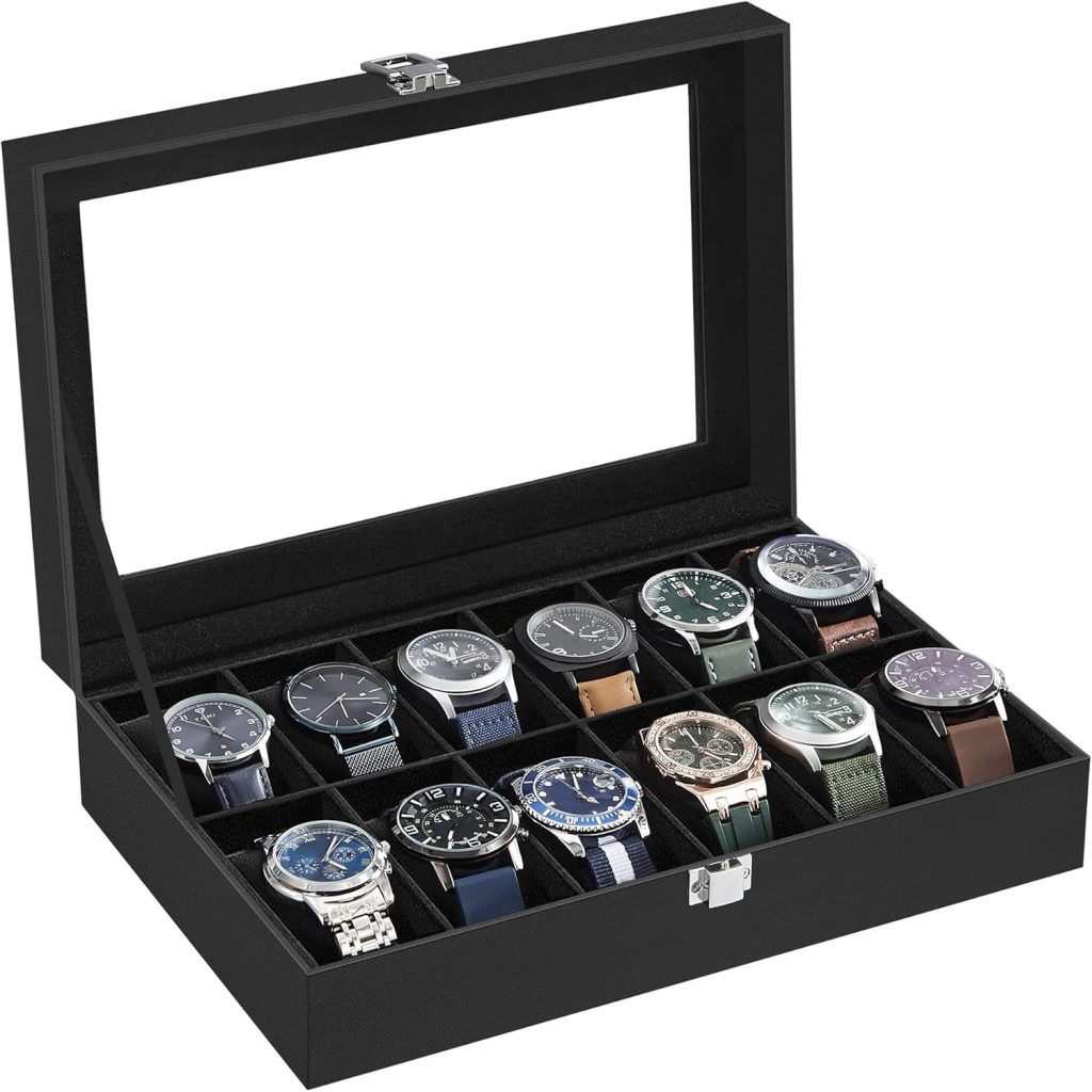 SONGMICS Uhrenbox mit 12 Fächern, Uhrenkasten mit Glasdeckel, Uhrenkoffer mit herausnehmbaren Uhrenkissen, Premium-Uhrenschatulle, PU-Bezug in Schwarz, Samtfutter in Schwarz JWB12B