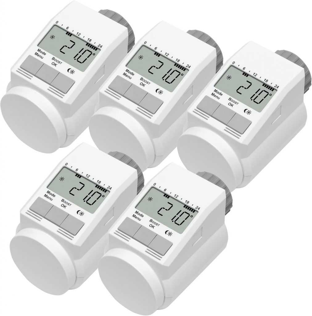 👑 Eqiva 5er-Set Model L Elektronik-Heizkörper-Thermostat mit Boost-Funktion, Weiß