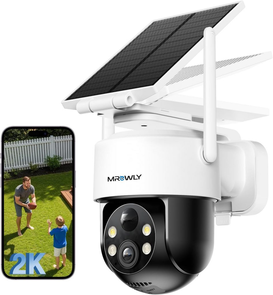 Mrowly 2K Überwachungskamera Aussen Solar, 360° PTZ Kamera Überwachung Aussen Akku, 2,4GHz WLAN Kamera mit PIR Bewegungsmelder, Farbnachtsicht, 2-Wege-Audio, IP66, Cloud/SD Speicher