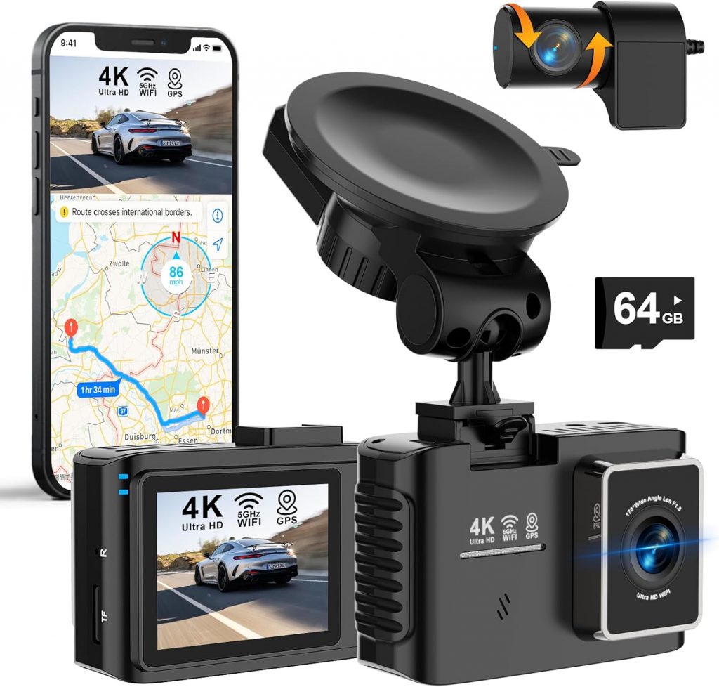 Dashcam Auto Vorne Hinten 4K/2.5K, 5GHz WiFi Dash Cam mit GPS, 2.0" IPS, 170&deg;Weitwinkel, Dual Auto Kamera mit 24Std Park&uuml;berwachung, Super Nachtsicht, WDR, G-Sensor, Loop-Aufnahme, 64GB SD Karte