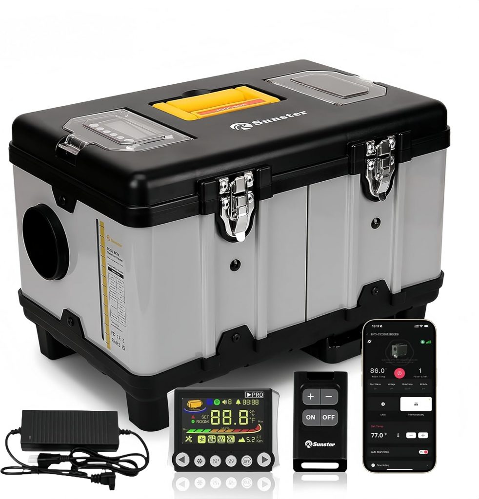 Sunster 12/24V &110-240V Diesel Luftheizung, 8KW Diesel Standheizung mit 6L Tank, Bluetooth App, Automatischer Start&Stop, Lüftungsmodus, Dieselheizung für LKW, Transporter