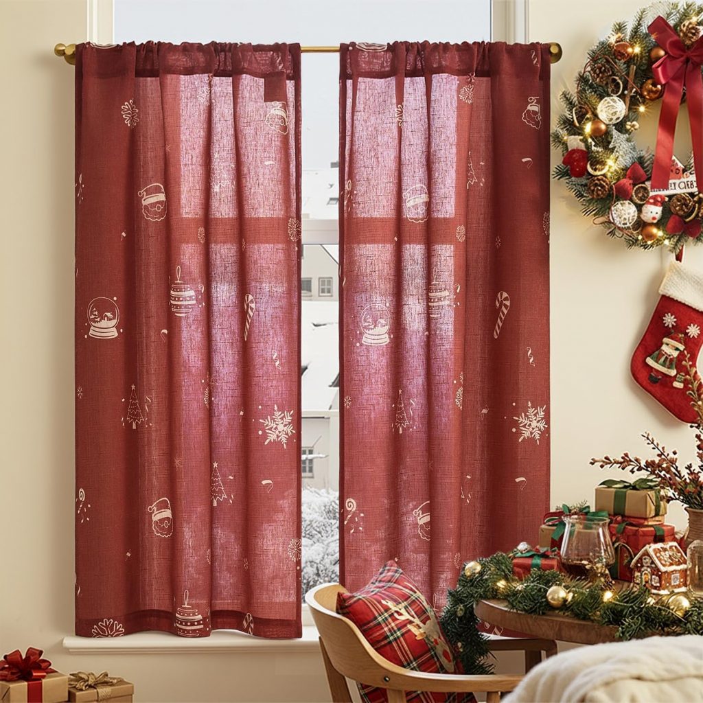 TOPICK Bistrogardine 2er Set Weihnachtsgardinen Scheibengardinen Küche Küchengardinen modern Küchengardinen Landhausstil, H115xB65 cm Weihnachts Gardinen Wohnzimmer Bistrogardine Leinenoptik Rot6.99€