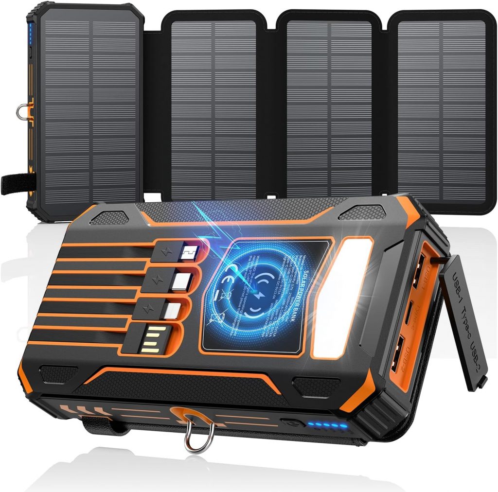 SOARAISE Wireless Solar Powerbank 27000mAh – Tragbare Solar Ladegerät mit 4 Kabel und 4 Solarpanels – 15W Schnellladung Externer Akku Power Bank mit LED Taschenlampe für Outdoor Camping (Orange)