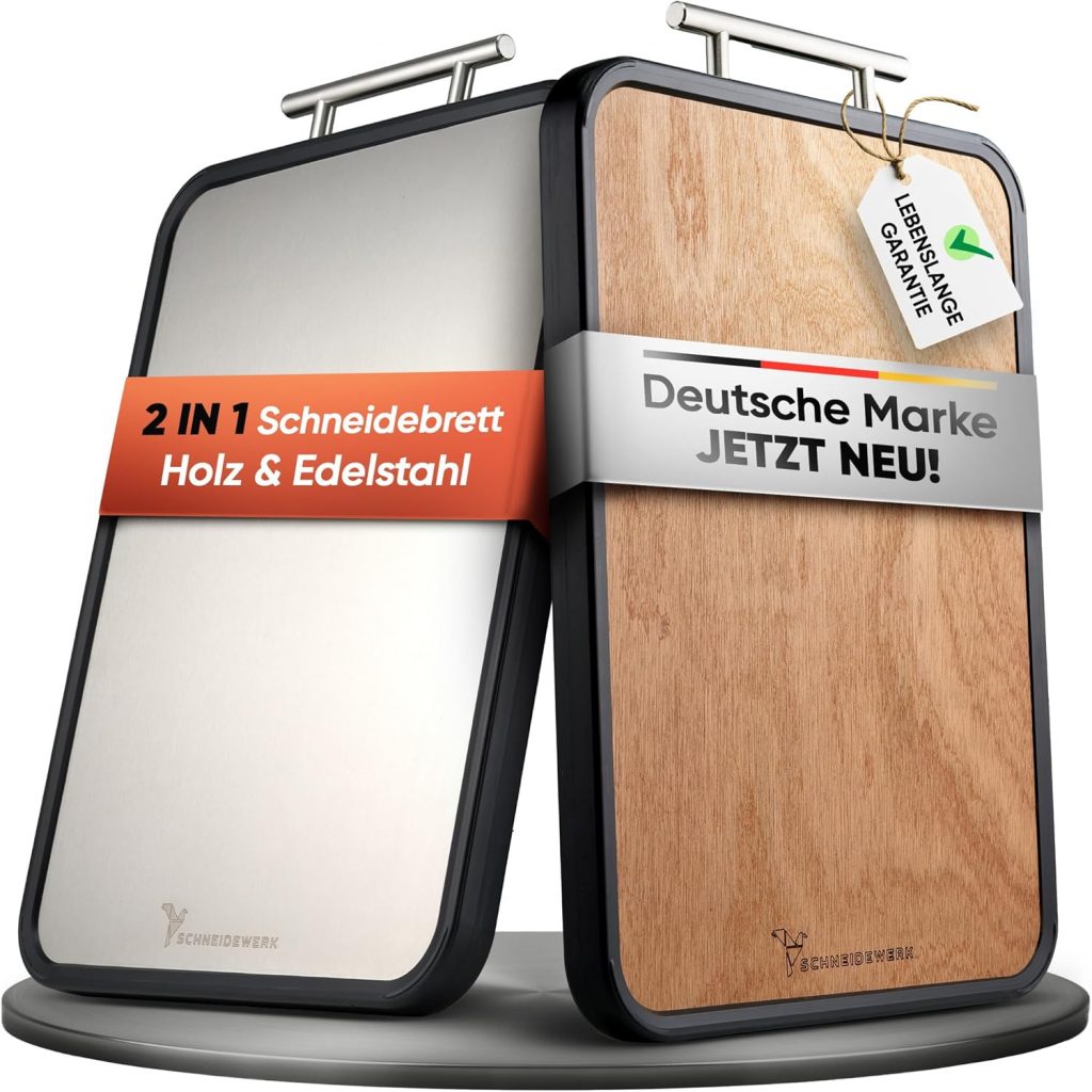 👑 Doppelseitiges Schneidebrett Holz & Edelstahl – 2-in-1 Küchenbrett | Rutschfestes Cutting Board, Groß mit Saftrille & Anti-Slip-Rahmen | Schneidewerk