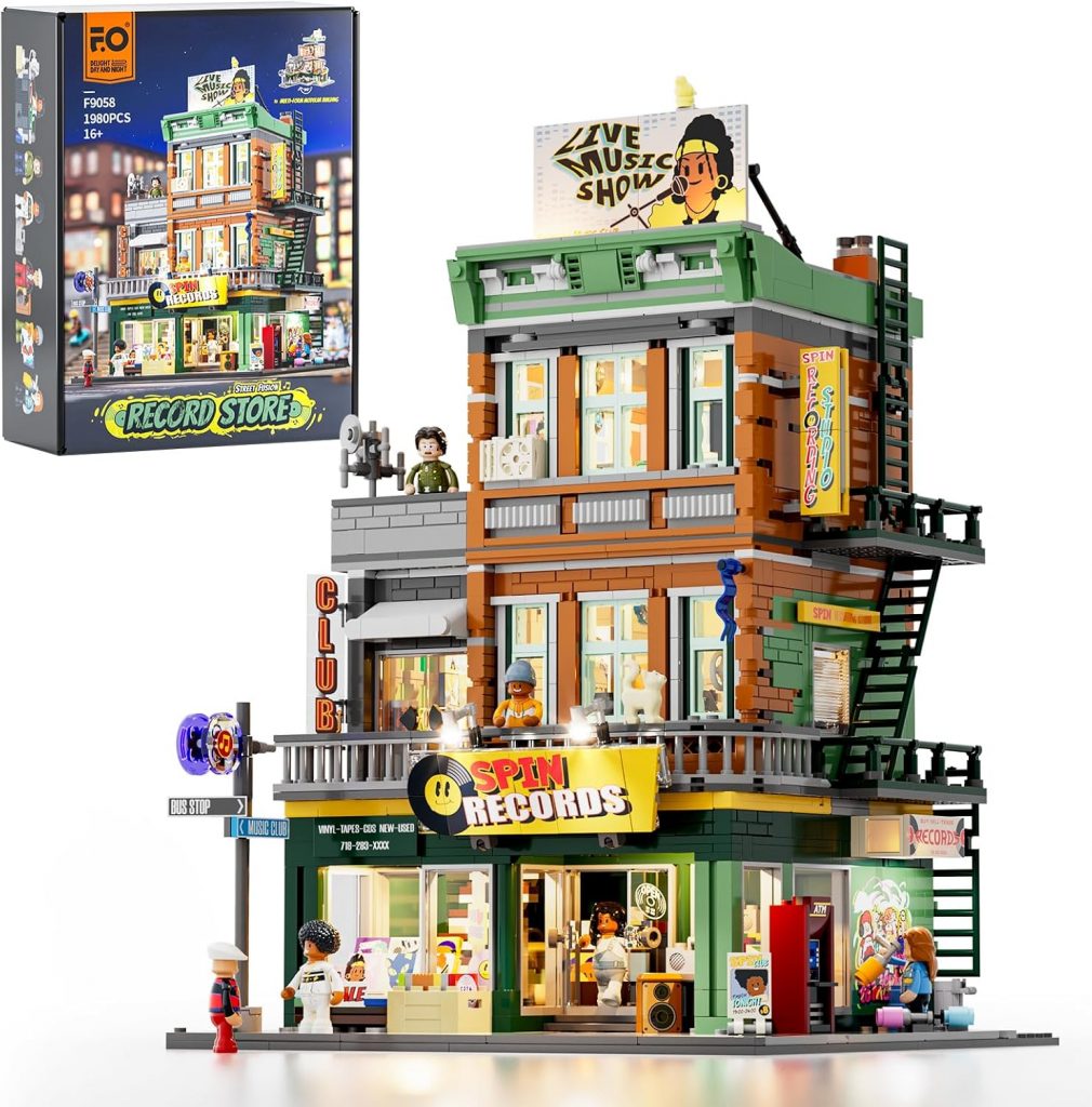 FUNWHOLE Plattenladen Beleuchtung Klemmbausteine Haus – 1980 Pcs Street Fusion Audio Shop, Multi-Form Modular Building Sammlung Kit für Erwachsene & Musikliebhaber,F90