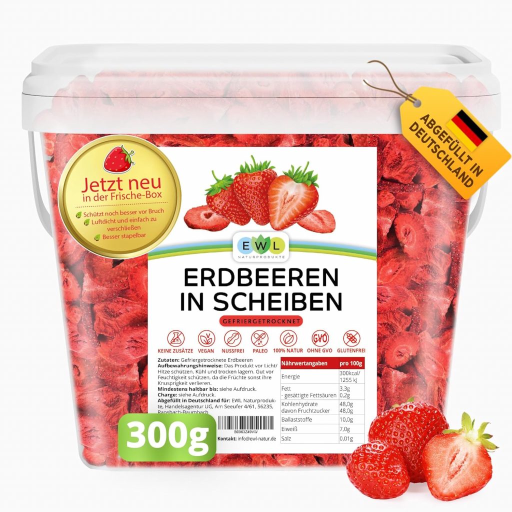 EWL Naturprodukte ERDBEEREN GEFRIERGETROCKNET 300g-leckere, schonend gefriergetrocknete Erdbeeren in Scheiben, frei von Zusatzstoffen -Deutsche Abfüllung- getrocknete Erdbeeren getrocknete Früchte