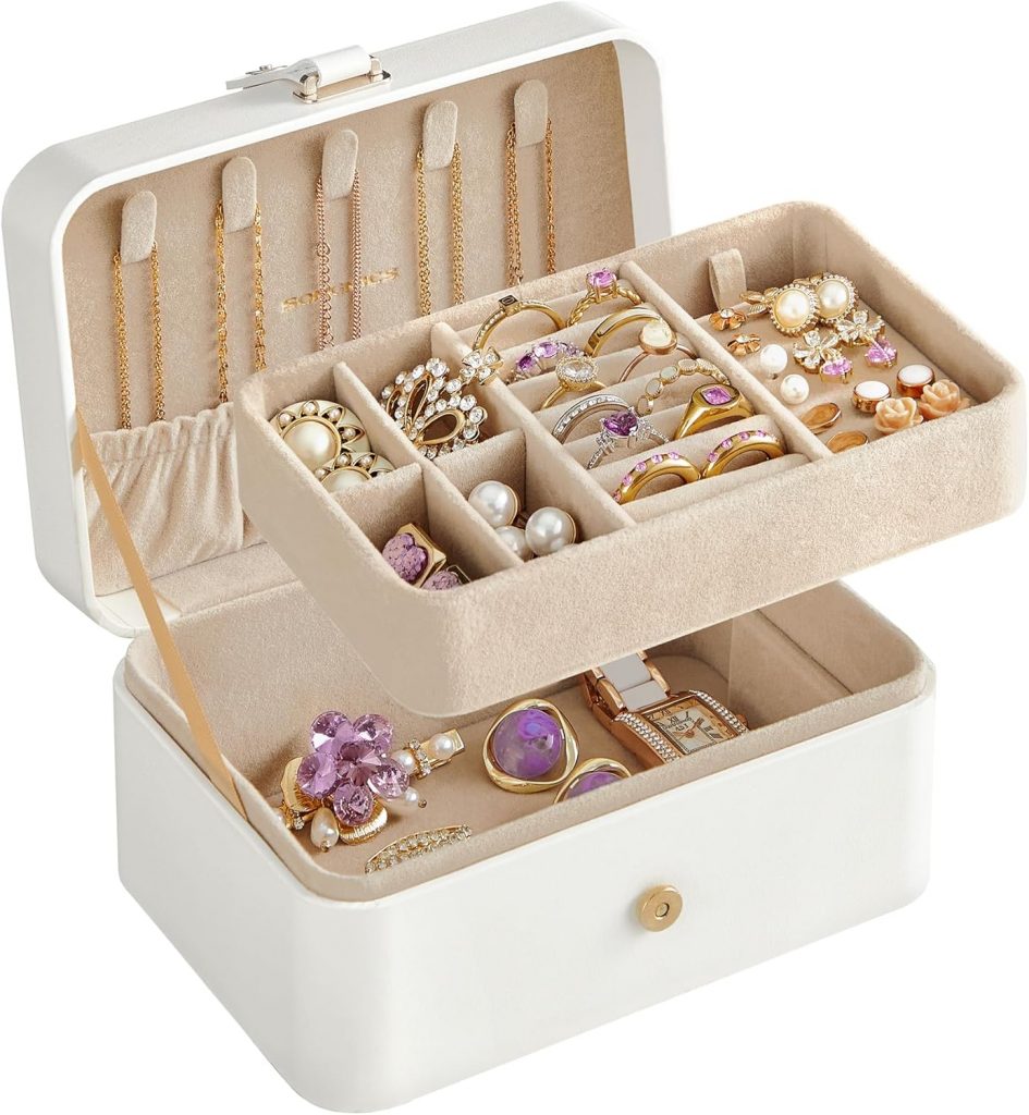 SONGMICS Schmuckkästchen Reise, Schmuckkasten klein, 2 Ebenen Schmuckaufbewahrung, tragbar, Schmuck-Reiseetui, für größere Accessoires, 11 x 16 x 8 cm, Geschenkidee, weihnachten, wolkenweiß JBC166W