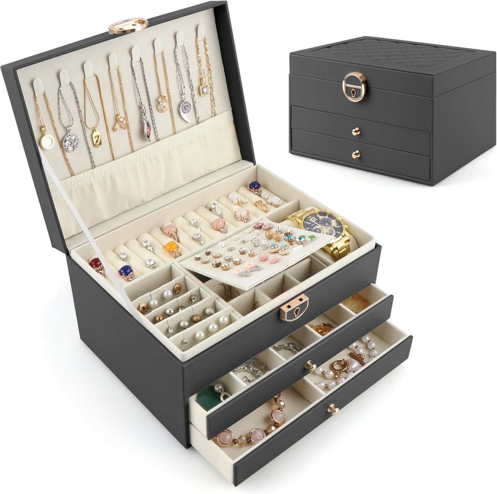 Lacusmall Schmuckbox 3-lagig, Schmuckaufbewahrung mit 2 Schubladen, Leder-Schmuckorganizer, geräumige Aufbewahrungsbox ideal für Ohrringe, Ringe, Halsketten und Armbänder, Schwarz19,94€ statt 25,99€➡️ https://www.amazon.de/dp/B0FMN3HVHH/?tag=preisfehlerheute-21