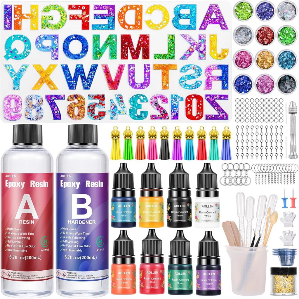 AOLLEN 186 Stück Epoxidharz Set Anfänger, Formen Buchstaben Zahlen Epoxy Resin Silikonform für Schlüsselanhänger, 400ml harz Gießen Zubehör, Farbe, Pailletten, Quasten