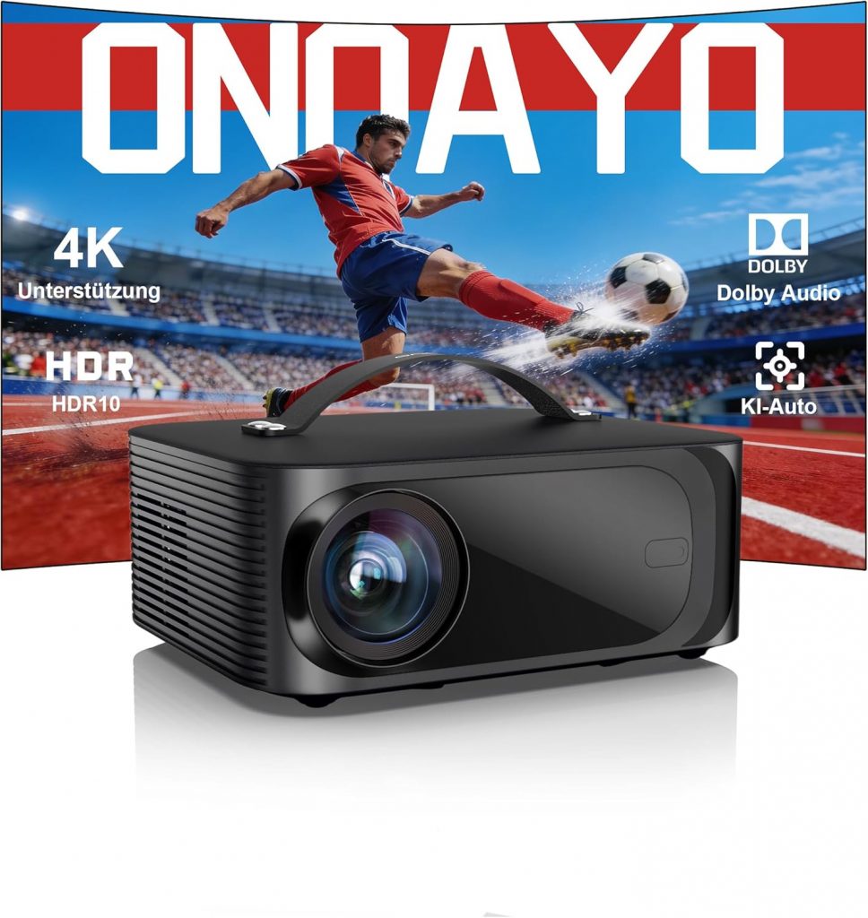 Beamer Passend für Netflix Offiziell Dolby Audio Beamer 4K Heimkino ONOAYO 1500ANSI HDR10+ HDMI eARC, 1080P Full HD KI-Autofokus WiFi 6 Bluetooth 5.3 Tragbarer Mini Smart Projektor Kino Überall