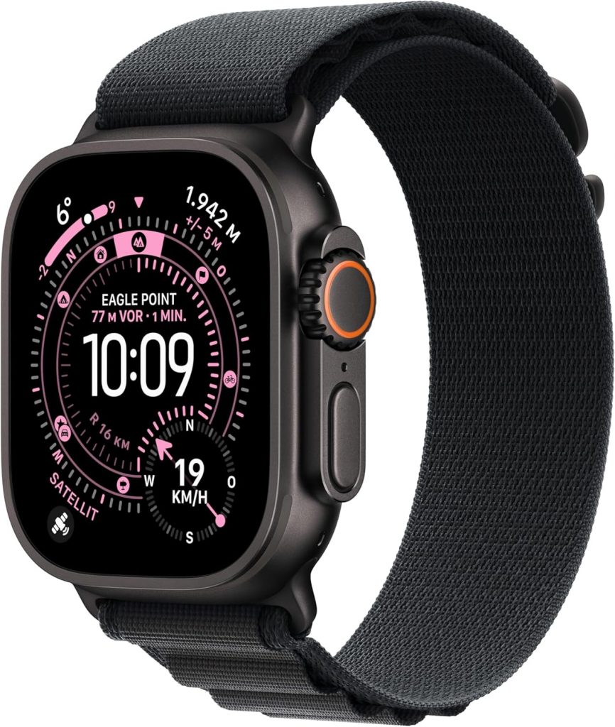 Apple Watch Ultra 3 GPS + Cellular 49 mm Premium Smartwatch für Lauftraining und Kombinationssport mit robustem Titangehäuse in Schwarz und Alpine Loop in Schwarz (Large)
