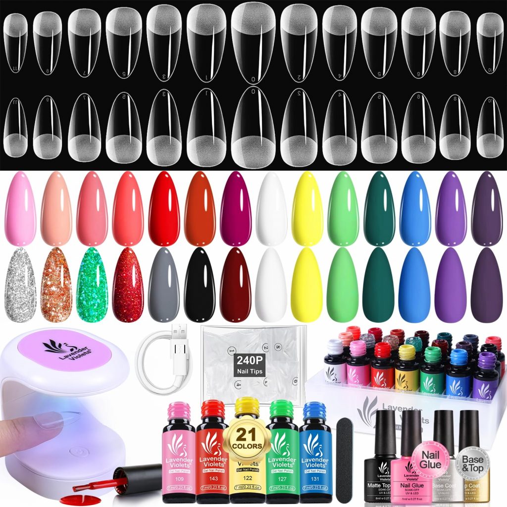 👑 Lavender Violets Gel Nagellack Set mit UV Licht 21 Gel Farben USB LED Nagellampe Nagelverl&auml;ngerung Press on Nail Glue 240 Acryl Full Cover Soft Tips, Base Coat, Glossy Top Coat, Matte Top Coat VC