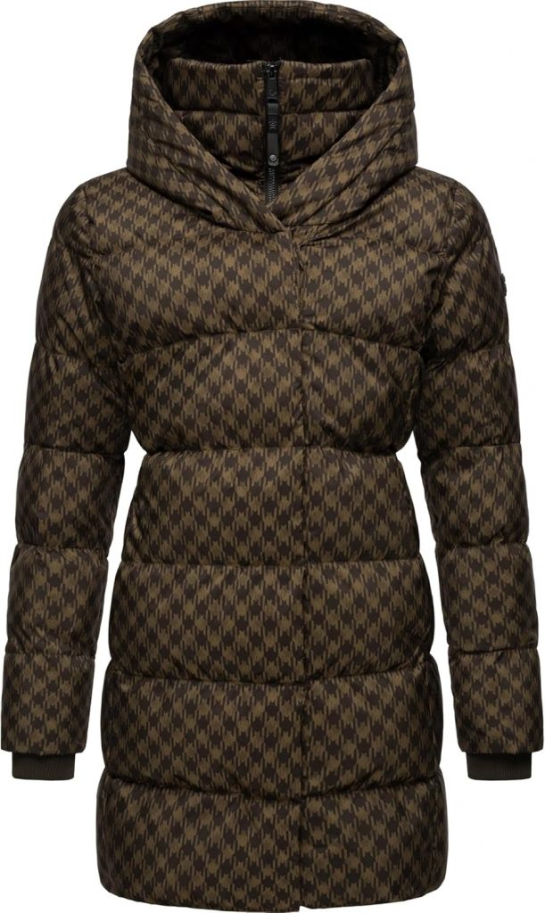 Ragwear Damen langer Wintermantel mit Kapuze warmer Steppmantel mit angesagtem Hahnentritt Muster wasserdicht und atmungsaktiv Niara Print YOUMODO XS-3XL