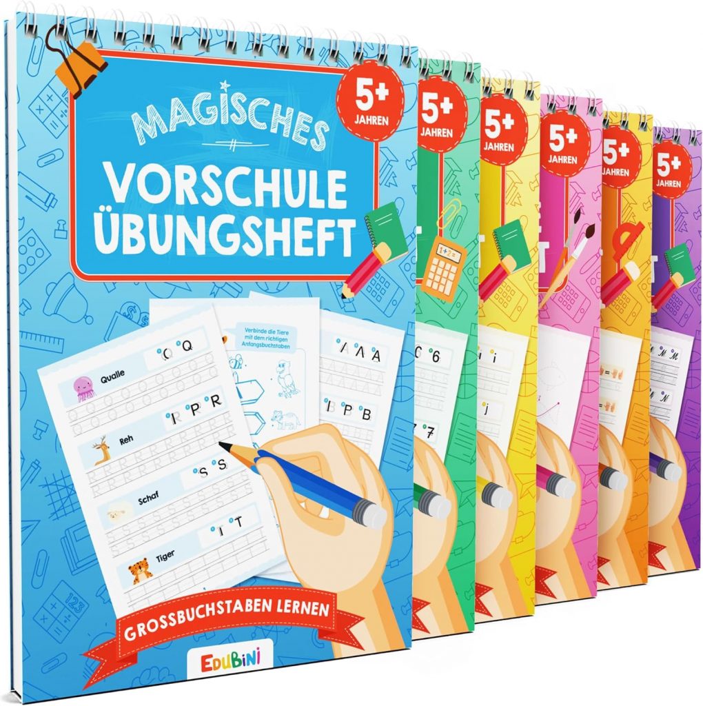Edubini Magische Vorschule Übungshefte ab 5 Jahren für Junge & Mädchen – [6 Hefte + Stift] – Wiederverwendbare Schreiblernhefte für Vorschule – Buchstaben lernen, Schreiben lernen (6er Set)