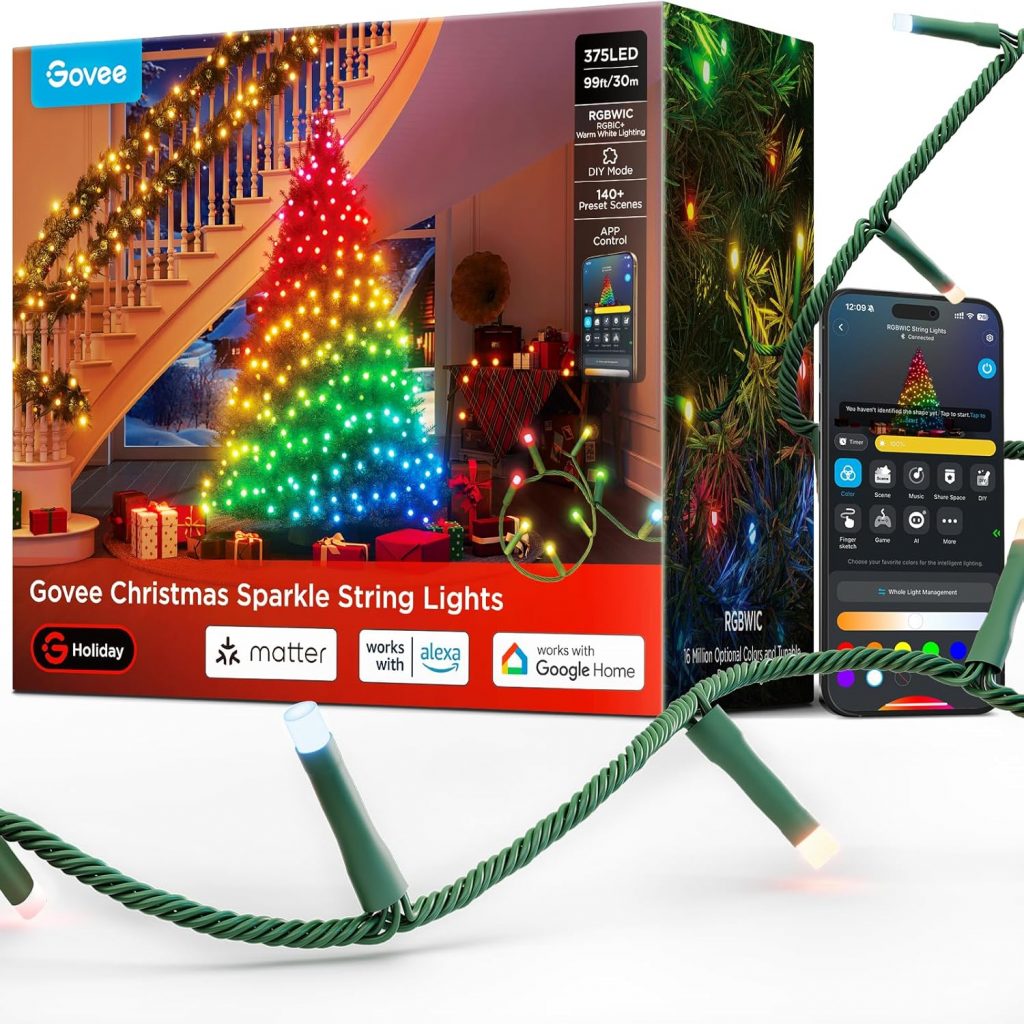 Govee Christmas Sparkle String Lights, Weihnachten Lichterkette für Innenräume, 30M RGBWIC-Leuchten mit 375 LEDs, 140+ Dynamische Szenenmodi für Weihnachtsdekorationen, APP-Steuerung mit Alexa